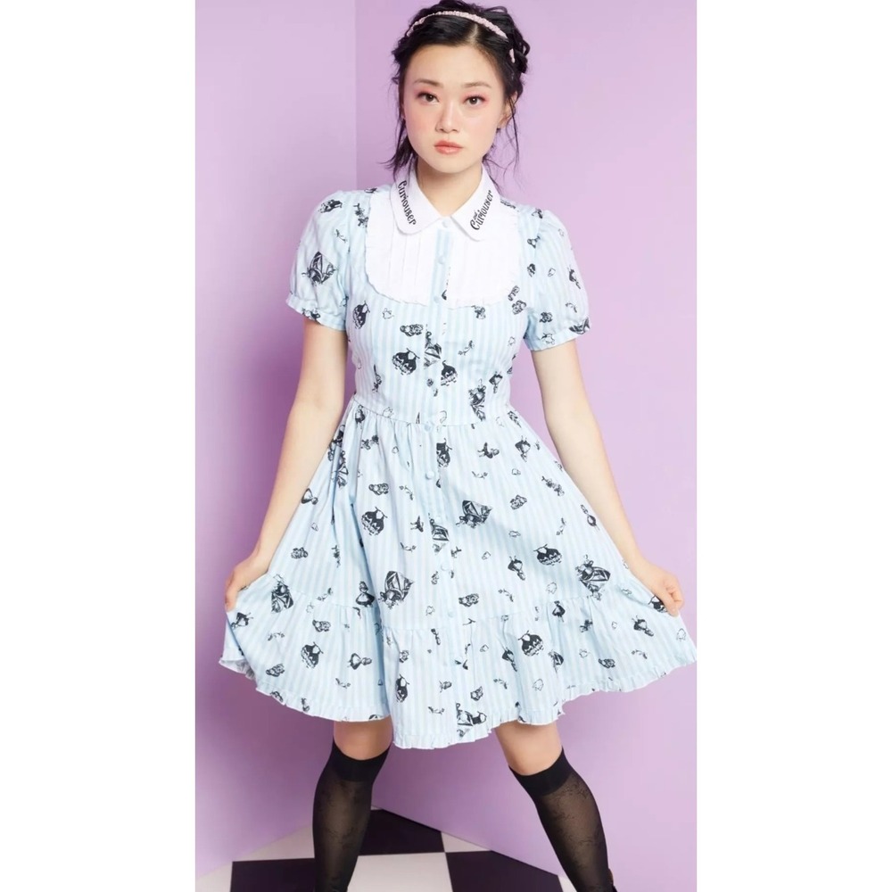 Disney Alice in Wonderland Curiouser Dress XS Blue Stripe Twee Cottagecore